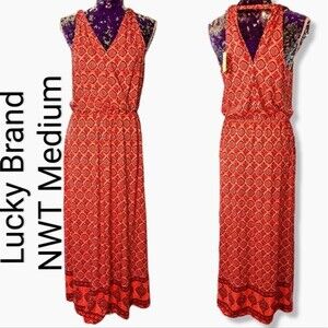 Lucky Brand NWT Medium Red Orange Medallion Print Maxi Dress Boho Quiet Luxury
